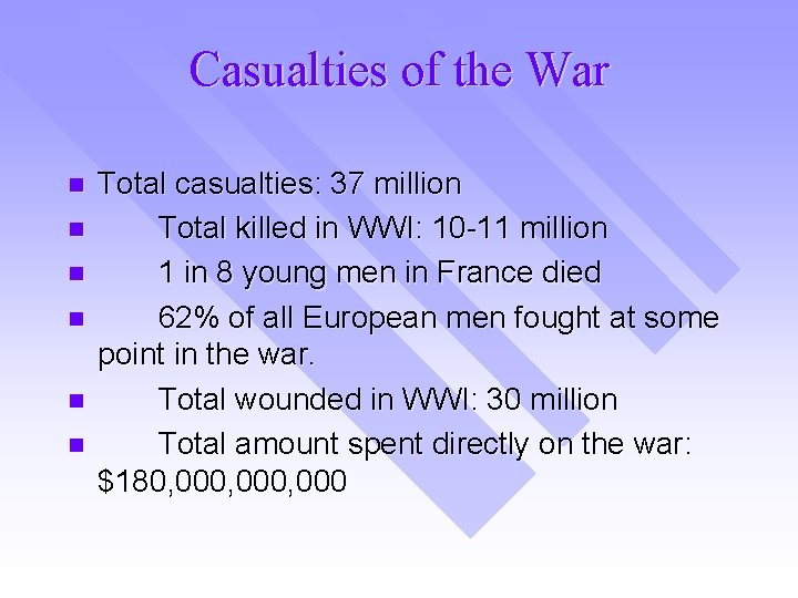 Casualties of the War n n n Total casualties: 37 million Total killed in