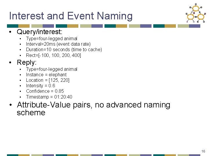 Interest and Event Naming • Query/interest: • • Type=four-legged animal Interval=20 ms (event data