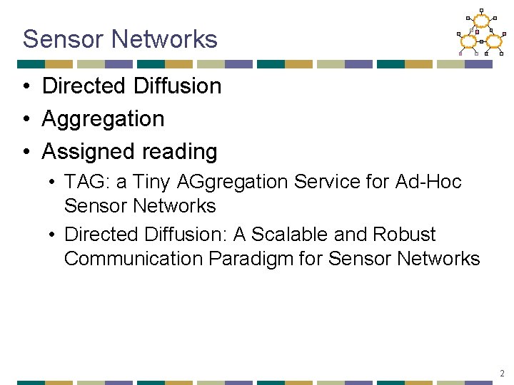 Sensor Networks • Directed Diffusion • Aggregation • Assigned reading • TAG: a Tiny