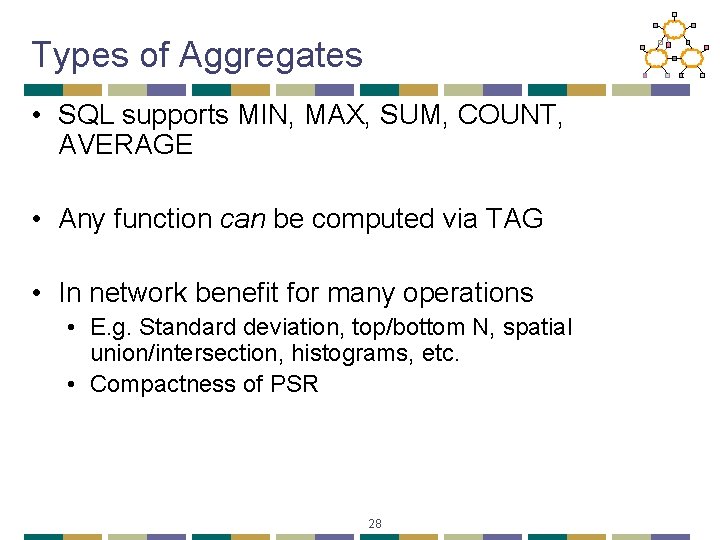 Types of Aggregates • SQL supports MIN, MAX, SUM, COUNT, AVERAGE • Any function