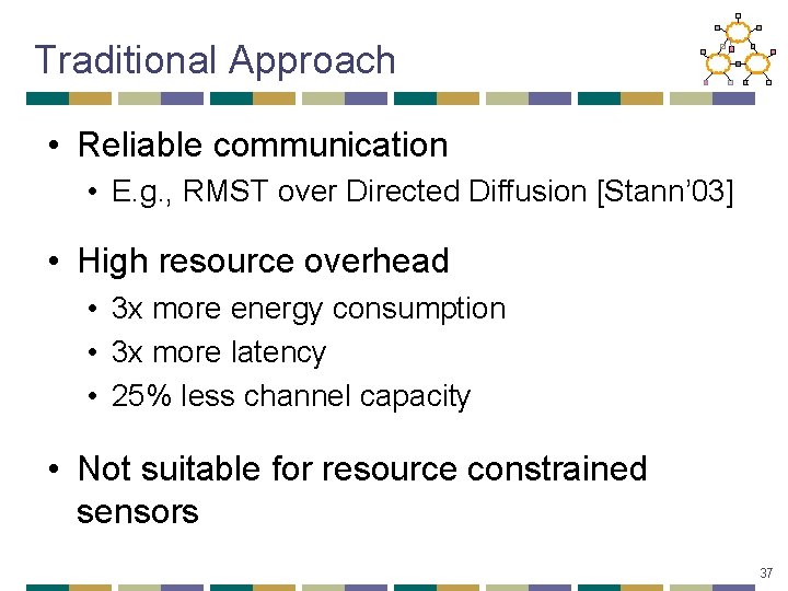 Traditional Approach • Reliable communication • E. g. , RMST over Directed Diffusion [Stann’