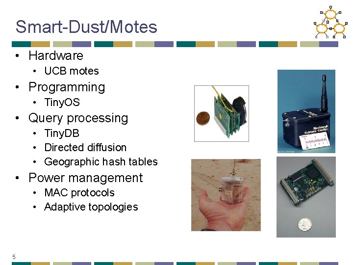 Smart-Dust/Motes • Hardware • UCB motes • Programming • Tiny. OS • Query processing