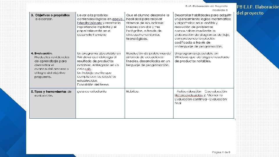 P 8 E. I. P. Elaboración del proyecto 