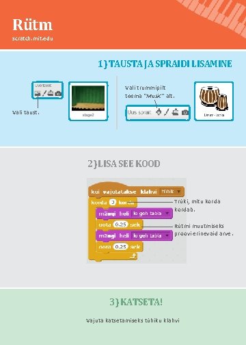 Rütm scratch. mit. edu 1) TAUSTA JA SPRAIDI LISAMINE Vali trummipilt teema "Music“ alt.