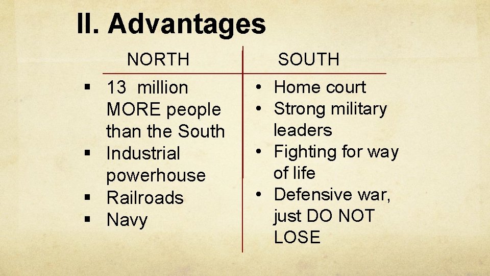 II. Advantages NORTH § 13 million MORE people than the South § Industrial powerhouse