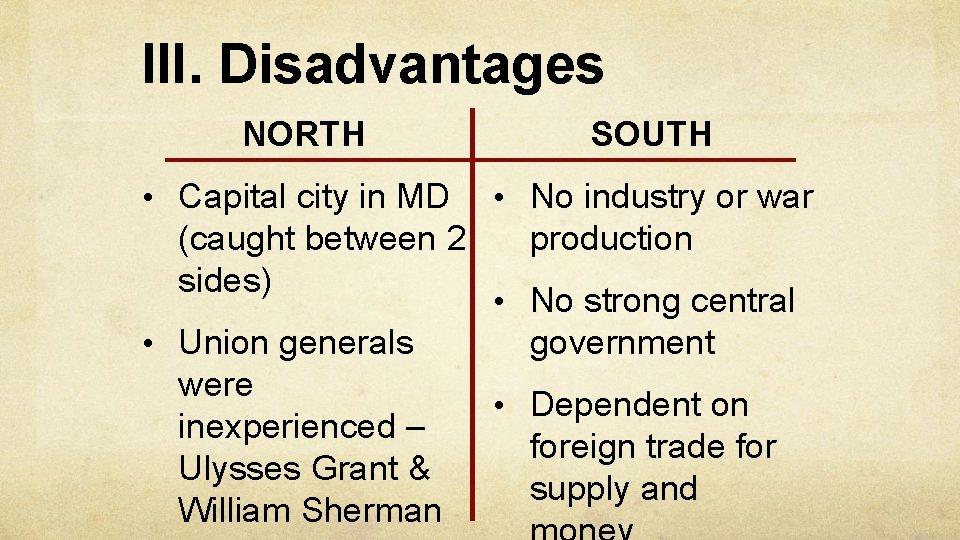 III. Disadvantages NORTH SOUTH • Capital city in MD • No industry or war