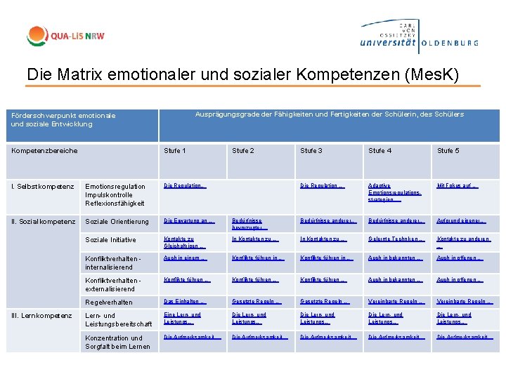 Die Matrix emotionaler und sozialer Kompetenzen (Mes. K) Ausprägungsgrade der Fähigkeiten und Fertigkeiten der