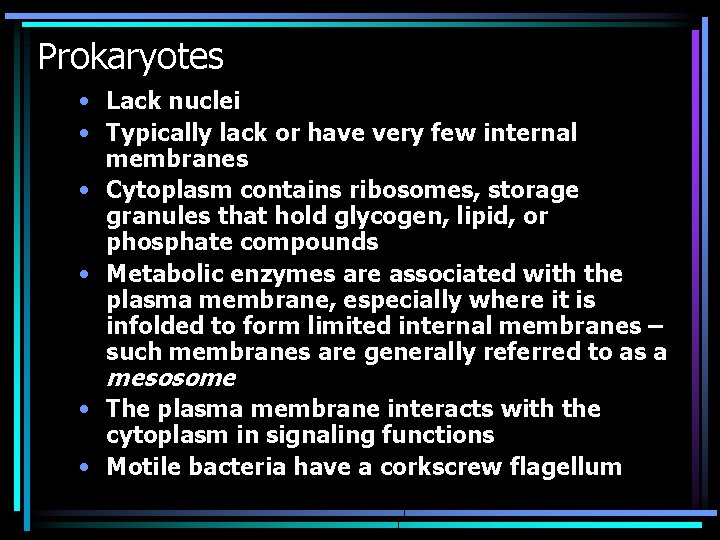 Prokaryotes • Lack nuclei • Typically lack or have very few internal membranes •