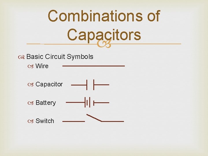 Combinations of Capacitors Basic Circuit Symbols Wire Capacitor Battery Switch 