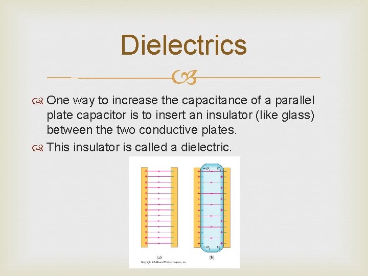 Dielectrics One way to increase the capacitance of a parallel plate capacitor is to