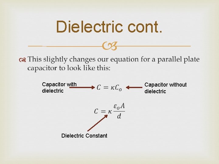 Dielectric cont. Capacitor with dielectric Dielectric Constant Capacitor without dielectric 