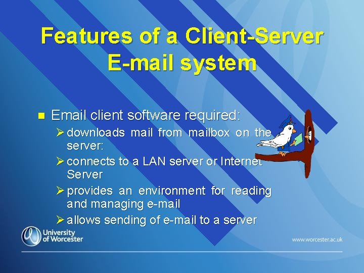Features of a Client-Server E-mail system n Email client software required: Ø downloads mail
