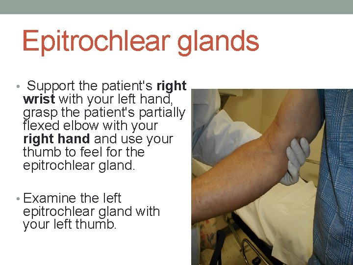 Epitrochlear glands • Support the patient's right wrist with your left hand, grasp the