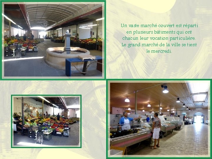 Un vaste marché couvert est réparti en plusieurs bâtiments qui ont chacun leur vocation