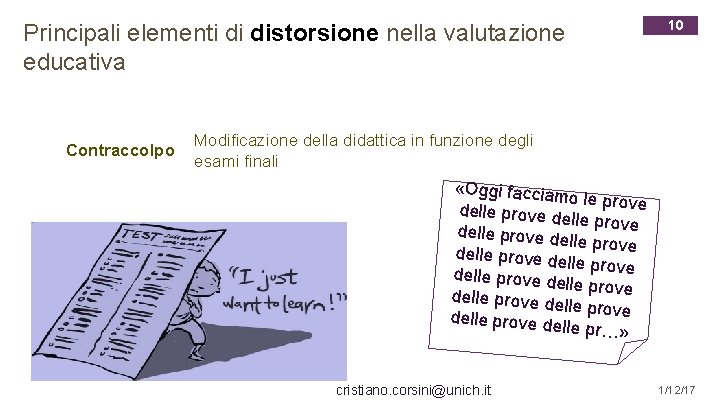 Principali elementi di distorsione nella valutazione educativa Contraccolpo 10 Modificazione della didattica in funzione