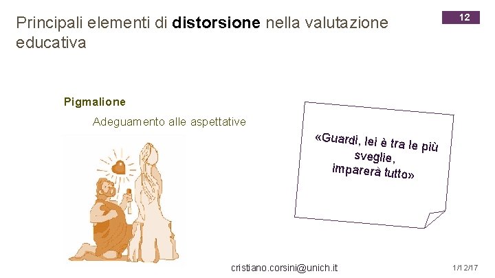 Principali elementi di distorsione nella valutazione educativa 12 Pigmalione Adeguamento alle aspettative «Guardi, lei