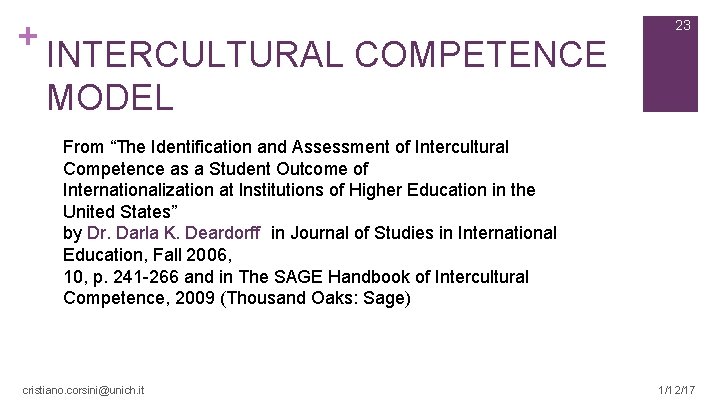 + 23 INTERCULTURAL COMPETENCE MODEL From “The Identification and Assessment of Intercultural Competence as