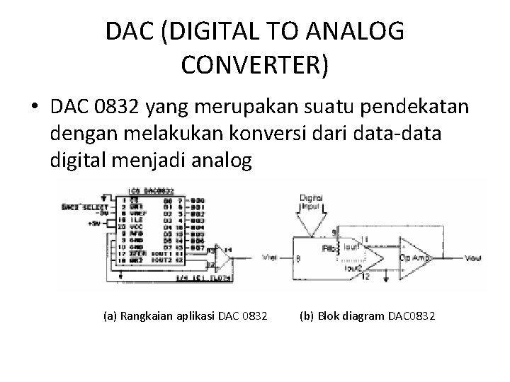 DAC (DIGITAL TO ANALOG CONVERTER) • DAC 0832 yang merupakan suatu pendekatan dengan melakukan