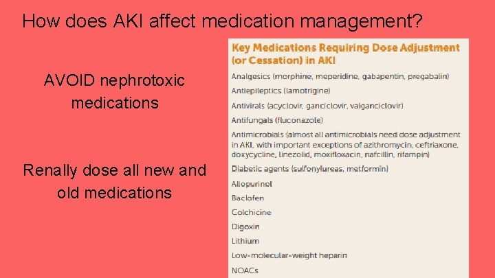 How does AKI affect medication management? AVOID nephrotoxic medications Renally dose all new and