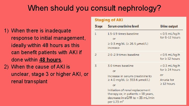 When should you consult nephrology? 1) When there is inadequate response to initial management,