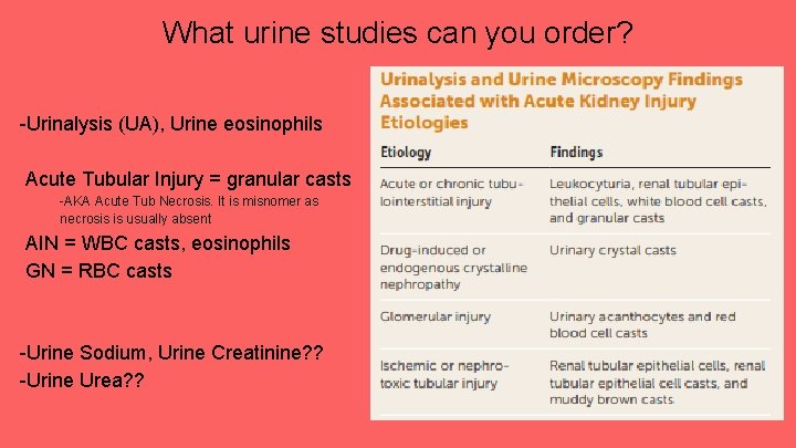 What urine studies can you order? -Urinalysis (UA), Urine eosinophils Acute Tubular Injury =
