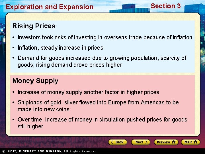 Exploration and Expansion Section 3 Rising Prices • Investors took risks of investing in