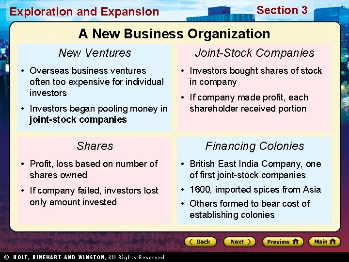 Exploration and Expansion Section 3 A New Business Organization New Ventures • Overseas business