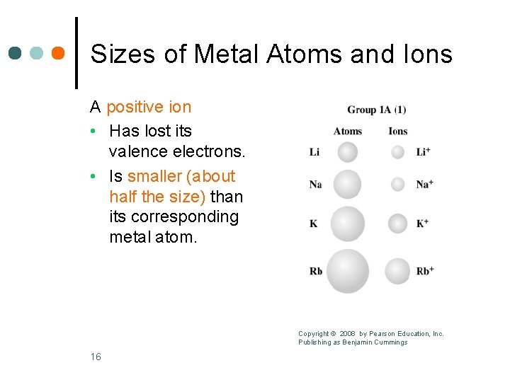 Sizes of Metal Atoms and Ions A positive ion • Has lost its valence