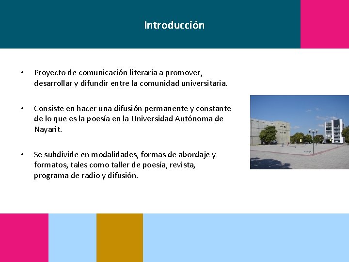Introducción • Proyecto de comunicación literaria a promover, desarrollar y difundir entre la comunidad