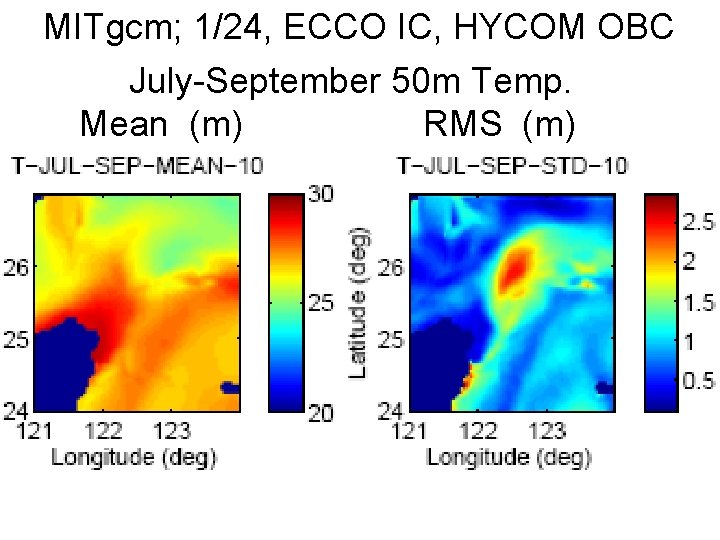 MITgcm; 1/24, ECCO IC, HYCOM OBC July-September 50 m Temp. Mean (m) RMS (m)