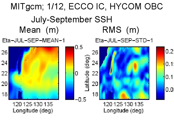 MITgcm; 1/12, ECCO IC, HYCOM OBC July-September SSH Mean (m) RMS (m) 