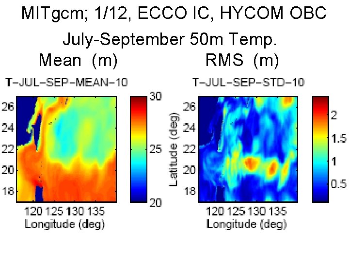 MITgcm; 1/12, ECCO IC, HYCOM OBC July-September 50 m Temp. Mean (m) RMS (m)