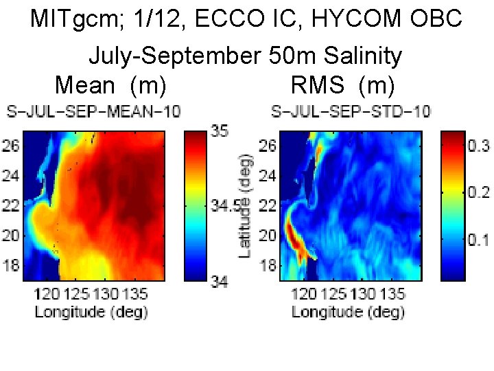 MITgcm; 1/12, ECCO IC, HYCOM OBC July-September 50 m Salinity Mean (m) RMS (m)