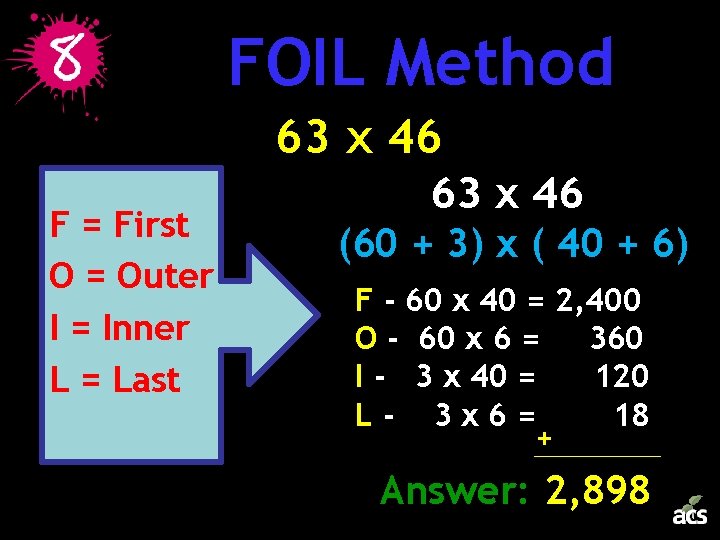 FOIL Method 63 x 46 F = First O = Outer I = Inner