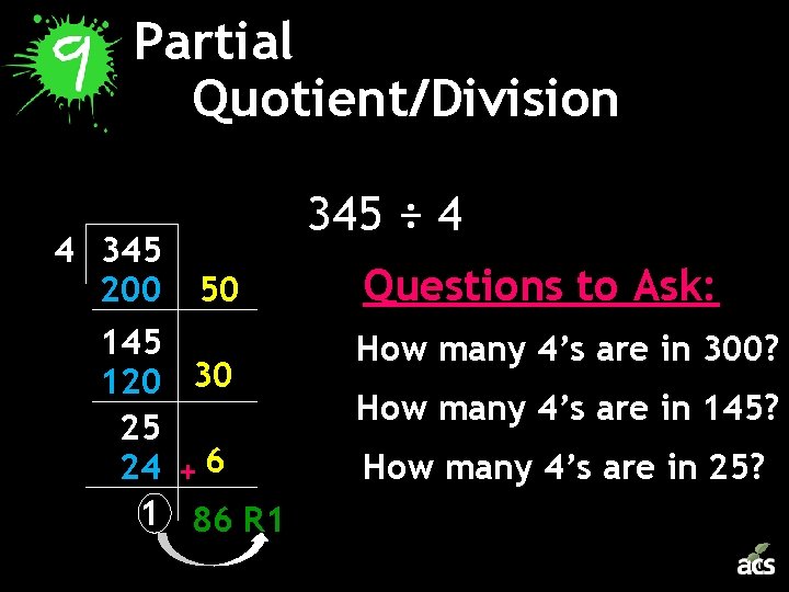 Partial Quotient/Division 4 345 200 50 145 120 30 25 24 + 6 1