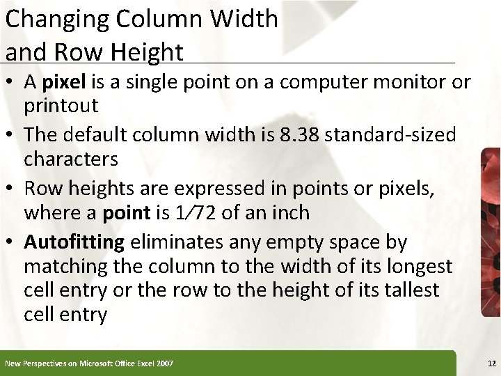 Changing Column Width and Row Height • A pixel is a single point on