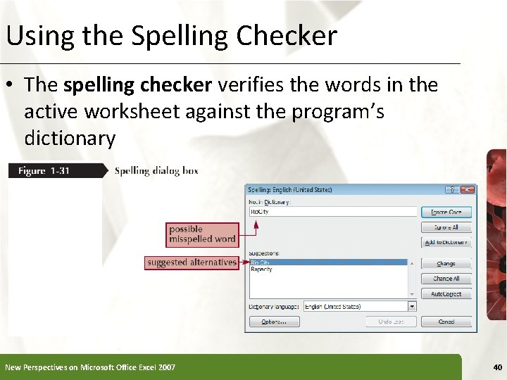 Using the Spelling Checker • The spelling checker verifies the words in the active