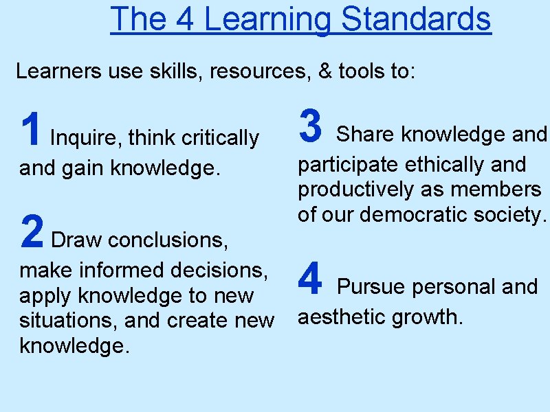 The 4 Learning Standards Learners use skills, resources, & tools to: 1 Inquire, think