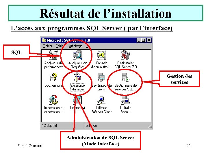 Résultat de l’installation L’accès aux programmes SQL Server ( par l’interface) SQL Gestion des