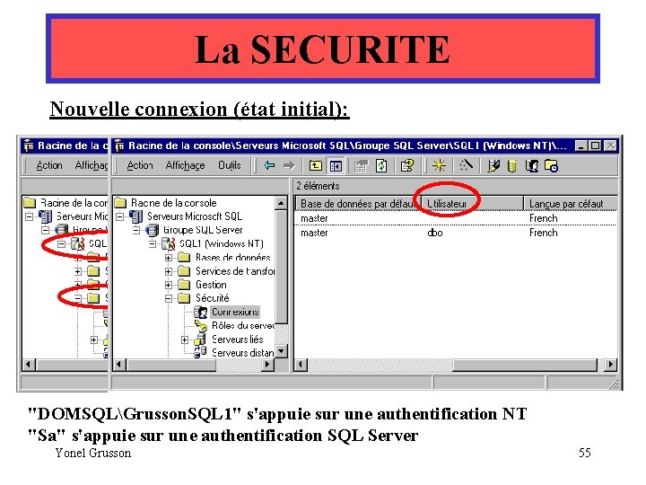 La SECURITE Nouvelle connexion (état initial): "DOMSQLGrusson. SQL 1" s'appuie sur une authentification NT