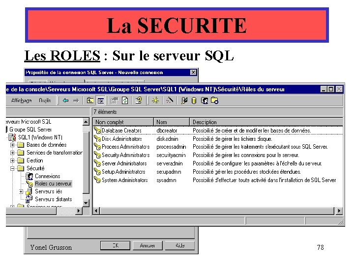 La SECURITE Les ROLES : Sur le serveur SQL Yonel Grusson 78 