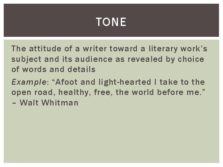 TONE The attitude of a writer toward a literary work’s subject and its audience