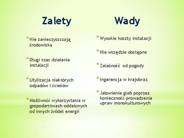 Zalety * Nie zanieczyszczają Wady * Wysokie koszty instalacji środowiska * Nie wszędzie dostępne