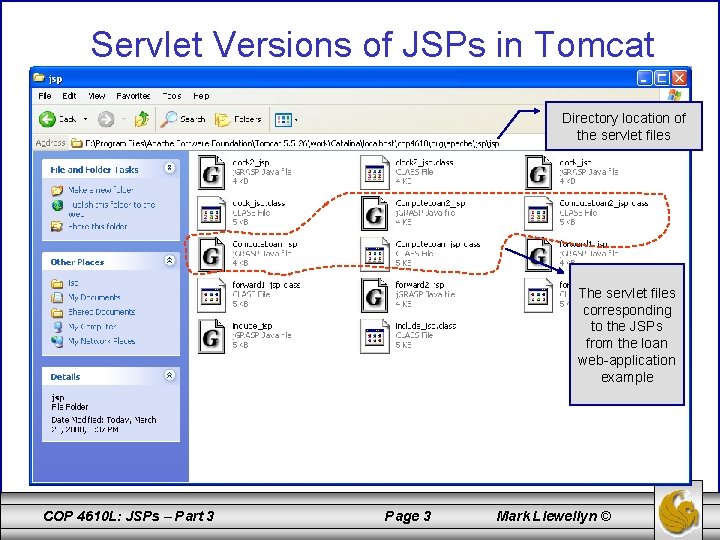 Servlet Versions of JSPs in Tomcat Directory location of the servlet files The servlet
