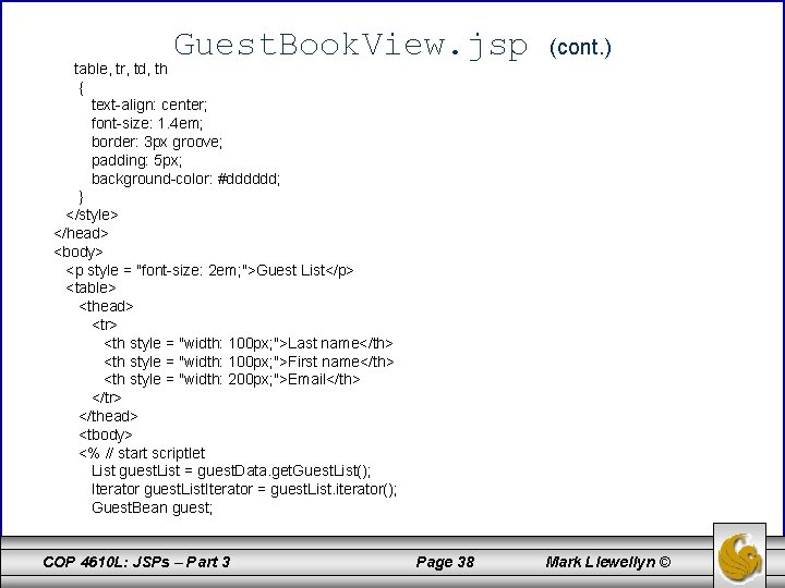 Guest. Book. View. jsp (cont. ) table, tr, td, th { text-align: center; font-size: