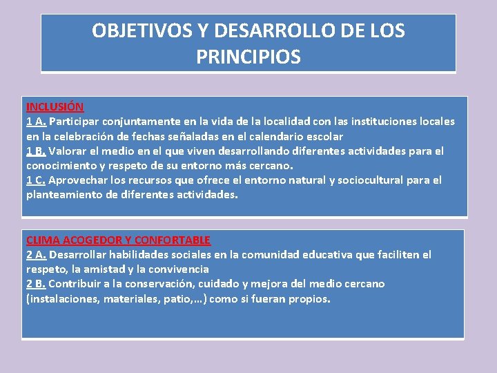 OBJETIVOS Y DESARROLLO DE LOS PRINCIPIOS INCLUSIÓN 1 A. Participar conjuntamente en la vida