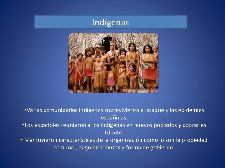 Indígenas • Varias comunidades indígenas sobrevivieron al ataque y las epidemias españolas. • Los