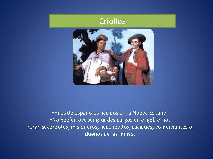 Criollos • Hijos de españoles nacidos en la Nueva España. • No podían ocupar