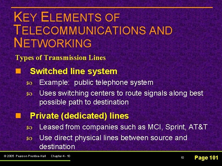 KEY ELEMENTS OF TELECOMMUNICATIONS AND NETWORKING Types of Transmission Lines n Switched line system