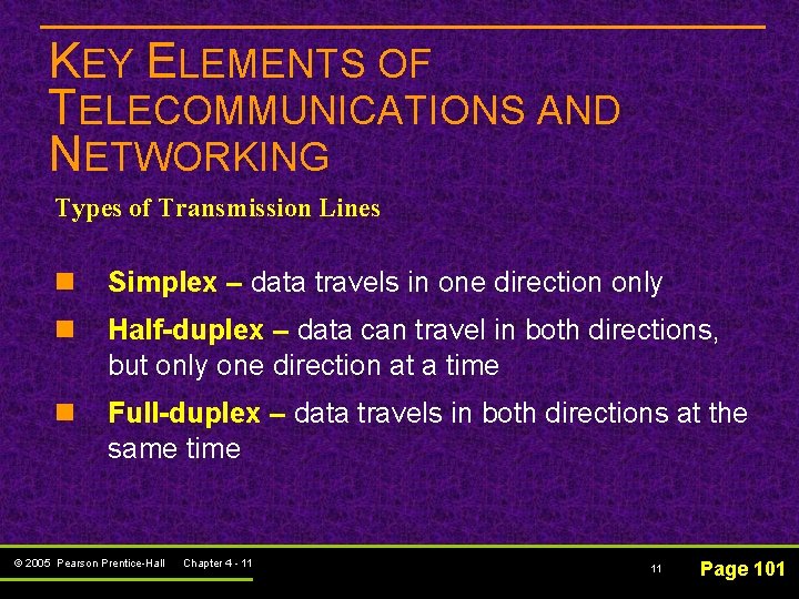 KEY ELEMENTS OF TELECOMMUNICATIONS AND NETWORKING Types of Transmission Lines n Simplex – data